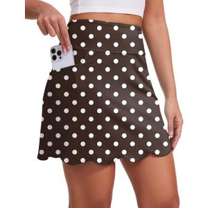 M MOTEEPI Skorts for Woman with Pockets 16" Golf Athletic Skirts Scalloped Hem Tennis Skirt Dressy Casual (XS, Polka Dot Brown)