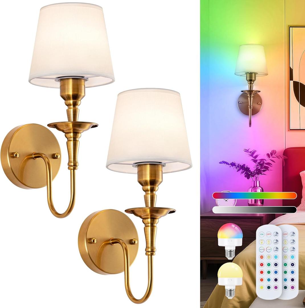 EIDISUNY Vintage Wall Sconces Set of 2, Wireless Wall Lamp with RGB Rechargeable Dimmable Bulbs, Brass-Color Battery Operated Wall Sconce with Remote for Bedroom, Living Room, Hallway Bulbs Included