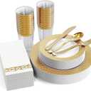FOCUSLINE 175 Count Gold Dinnerware Set for 25 Guests - Disposable Plastic Plates with Gold Grid, Includes 25 Dinner & Salad Plates, Cups, Napkins, Cutlery Set for Wedding Parties