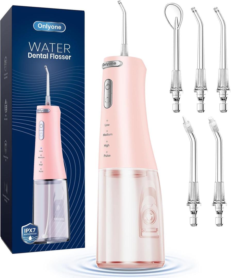 Onlyone Water Dental Flosser Pick for Teeth, 300ML Portable Oral Irrigator, Rechargeable Travel Irrigation Cleaner, Professional Electric Flossing Machine Birthday Gifts for Women,Mom,Girlfriend Pink