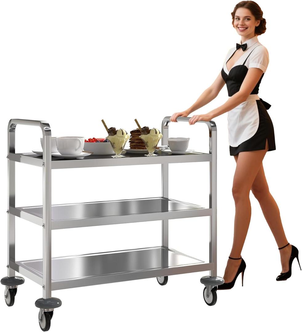 uyoyous 3 Tier Stainless Steel Utility Cart Commercial Serving cart with 360Rotation Wheels Kitchen Island Load Up 400 lbs Stainless Steel Work Cart for Hotel Restaurant Home 30" L x 16" W x 33" H