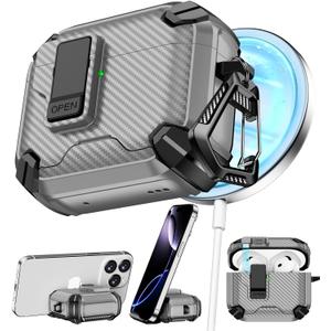 Pohgelan Compatible with AirPods 4 Case,Magnetic Automatic Lock with Phone Stand & Cleaning Kit,Compatible with Magsafe,Carbon Fiber Texture Cover -Gray
