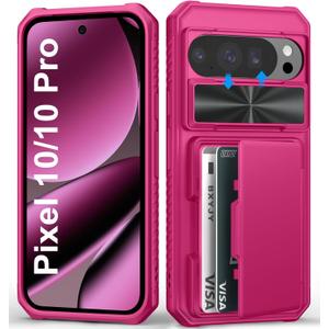 for Google Pixel 10 & 10 Pro Wallet Case, Built-in Card Holder (4-5 Cards), Slide Camera Cover, Military Drop Protection, Rugged Heavy Duty Men Women Durable Case for Pixel 10 & 10 Pro, Hot Pink