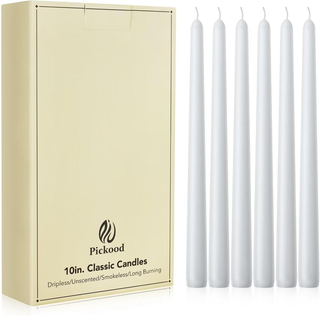 New Burning Formula Unscented Dripless 10-Inch Taper Candles Set of 12 - White, for Wedding, Dinner - Smokeless, Long Burning - Hand Poured, Colored Tall Candlesticks - Blancas