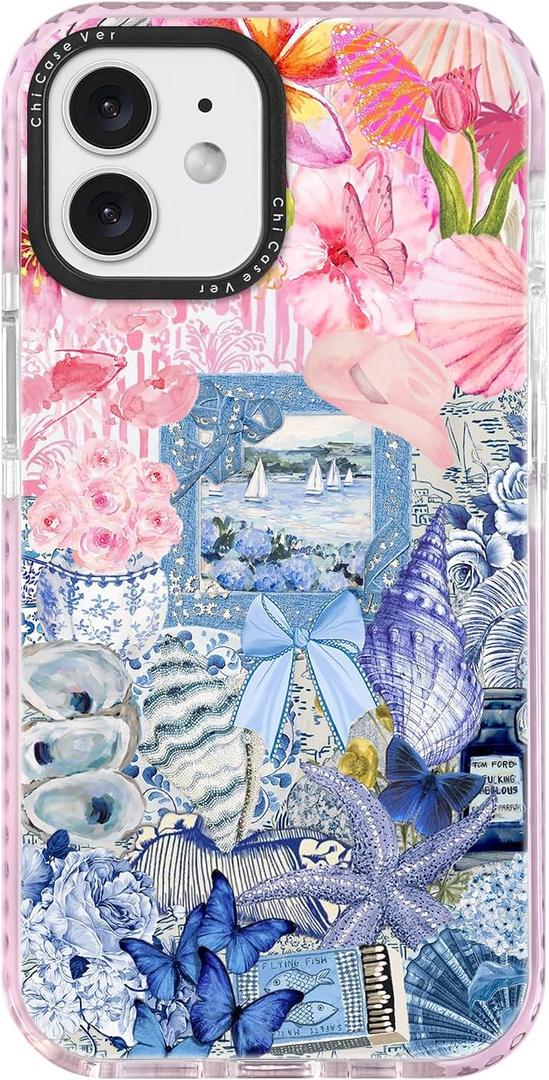 for iPhone 12 Case, Coastal Vintage Collage Pattern, Military-Grade Drop Protection, Vintage Seaside Soft Slim TPU Protective Cover with Camera Protection for Girls (PlumeriaSea)