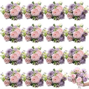 16 Bundles Artificial Peonies Silk Peonies Faux Flower Bouquet Fake Peony Flower Arrangements Table Centerpieces for Vase Wedding Party Boho Home Office Decoration Bulk (Pink, Purple)