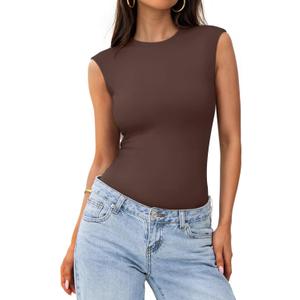 PINKMSTYLE Womens Crew Neck Sleeveless Bodysuit Double Lined Stretchy Fitted Basic Thong Body suit Tank Tops (Small, Dark Brown)
