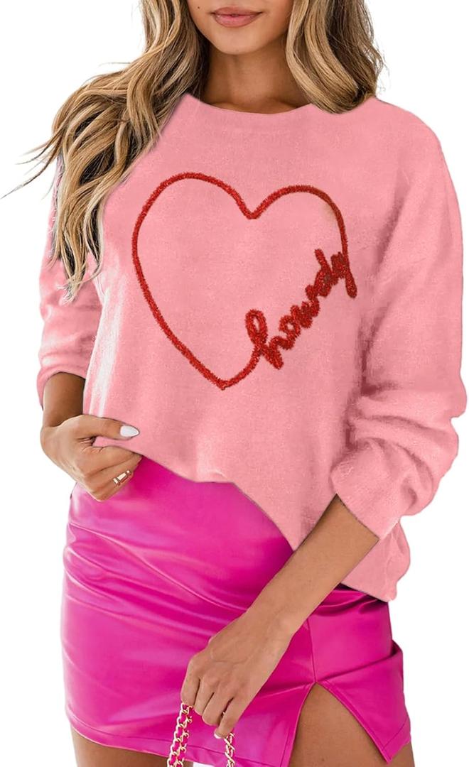 SELINK Women's Valentines Sweater Crew Neck XOXO Heart Print Casual Long Sleeve Pullover Tops Sweaters (M)