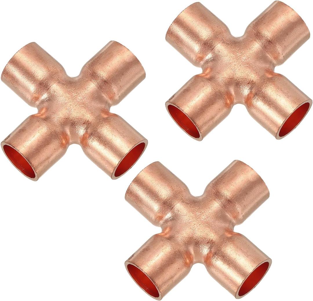 PATIKIL 1/2"(12.7mm) Copper Cross Pipe Fitting, 3 Pcs 4 Way Welding Copper End Feed Equal Pipe Connector for Plumbing Air Conditioning Refrigeration