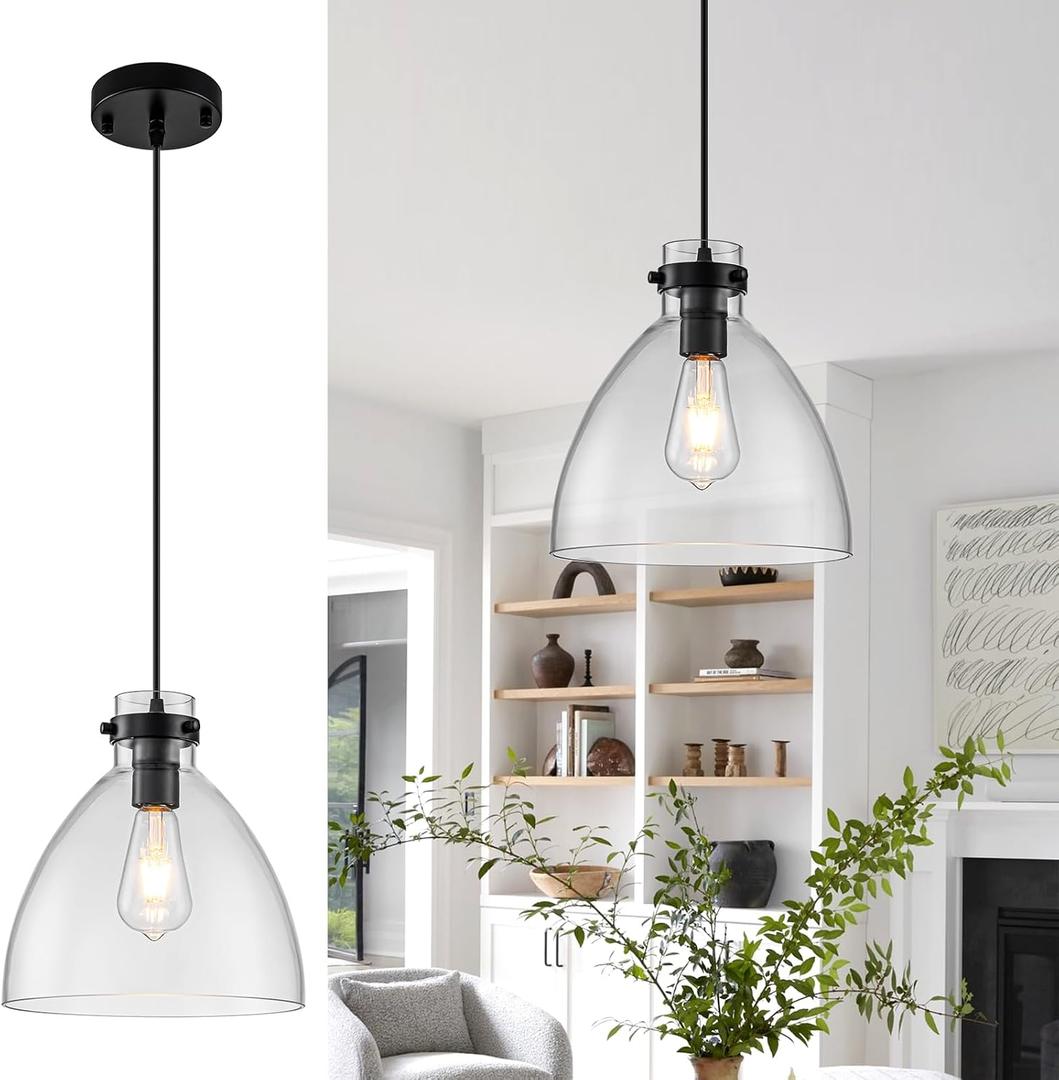 WILON Pendant Lights, Pendant Lights Kitchen Island, 1-Pack Black Farmhouse Pendant Light Fixtures with 9.8" Round Glass Shade for Dining Room Over Table Sink Bar Foyer