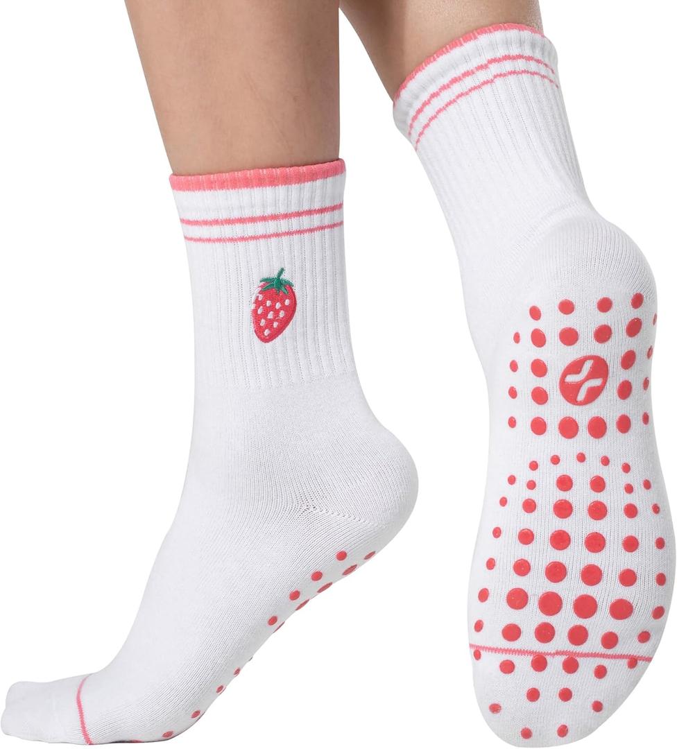 2 x COOLMATE Pilates Socks with Grips for Women, Yoga Socks, Crew Non Slip Women for Barre, Pilates Gifts for Women (White)