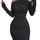 Acelitt Fall Off The Shoulder Dresses for Women 2025 Long Sleeve Ruched Bodycon Cocktail Party Mini Dress Black Medium