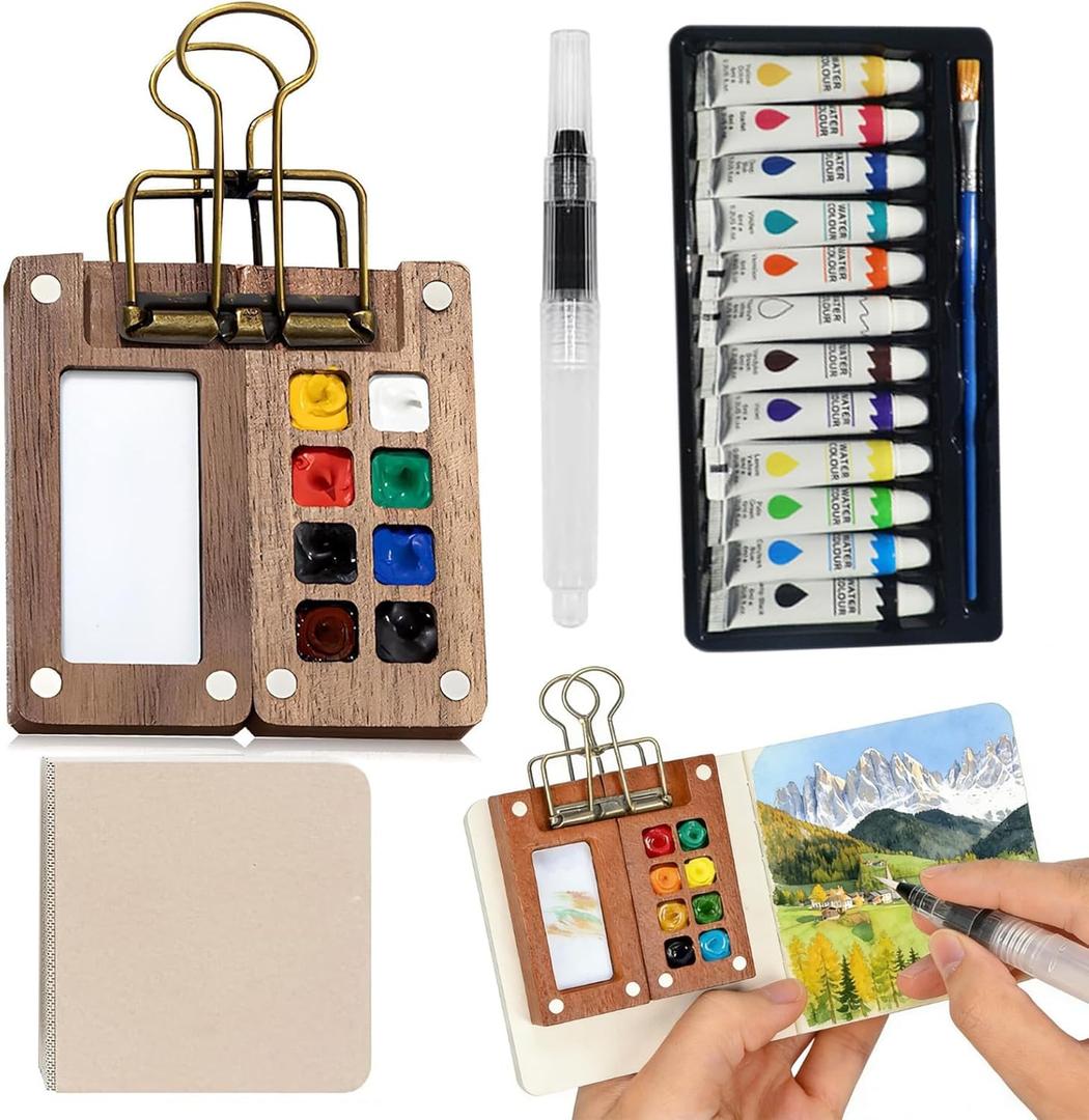 Mini Watercolor Paint Set, Travel Watercolor Kit,2026 New Mini Watercolor Travel Set for Beginners and Artist with Sketchbook (8-Grids) 2026 new mini watercolor travel set