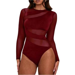 Milumia Women's Sexy Cut Out Sheer Mesh Long Sleeve Bodysuit Crew Neck Body Suits Going Out Bodysuit Tops Burgundy X-Small