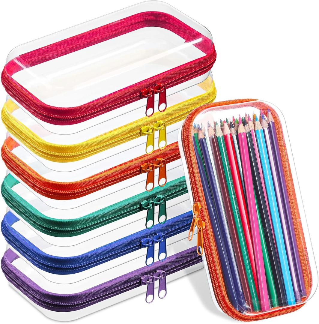 Sanwuta 6 Pcs Clear Hard Zipper Case Plastic Zipper Pouches Transparent Makeup Bag Pencil Case Pouches Toiletry Diaper Bag for Travel Toy Storage Organizer Bins (7.48 x 3.94 x 2 Inch, Assorted Color)
