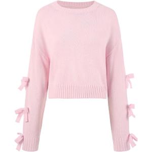 GORGLITTER Women's Bow Sweater Casual Crew Neck Knit Long Sleeve Fall Oversized Pullover Tops Winter Trendy Outfits (Pink, L)