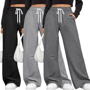 Neer 3 Pack Women Plus Size Pants Wide Leg Baggy Casual Palazzo Elastic Drawstring Pants Lounge Loose Sweatpants with Pockets (5X-Large, Dark Mixed Gray, Light Gray, Black)