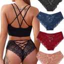Kingfung Sexy Cheeky Panties for Women Lace Criss Cross Bikini Underwear 4 Pack, Medium