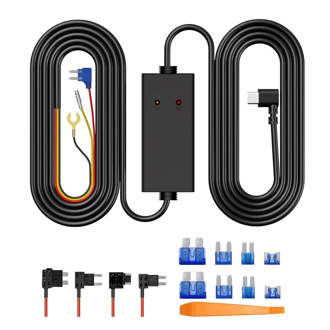 11.5ft Type-C Dash Cam Hardwire Kit (V5F), 12V-24V to 5V 3A Car Dashboard Cam Charger Power Cable with 4 Fuse Taps, Low Voltage Protection for GT801, GT802,GT807, S70, S90