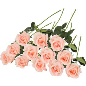 Roses Real-Touch Artificial Flowers Latex Full Blossom Faux Heads Dozen 22 Tall Stems Fake Bouquet Luxury Home Dcor Indoor Living Room Bedroom Love Gift, 12 PCS Bundle (Blush Peach)