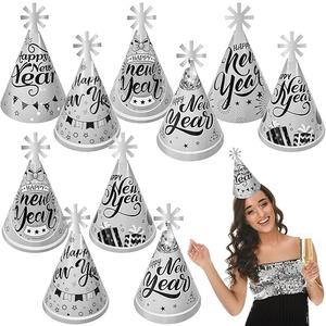 HOWAF 12pcs Happy New Year Party Hats, 2026 Silver New Year's Eve Party Decoration Cone Hats,2026 Black Silver Happy New Year's Eve Party Favors Top Hats,Cheers to the New Year Paper Hats Photo Props