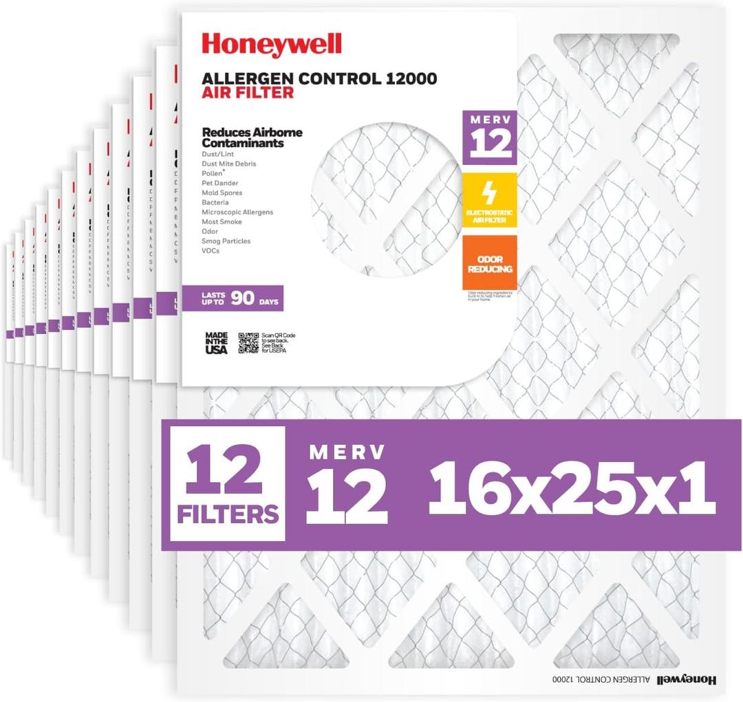 Honeywell 16x25x1 MERV 12 Electrostatic Pleated HVAC AC Furnace Air Filter (12-Pack) | Replacement Filter for Home Use | Made in USA