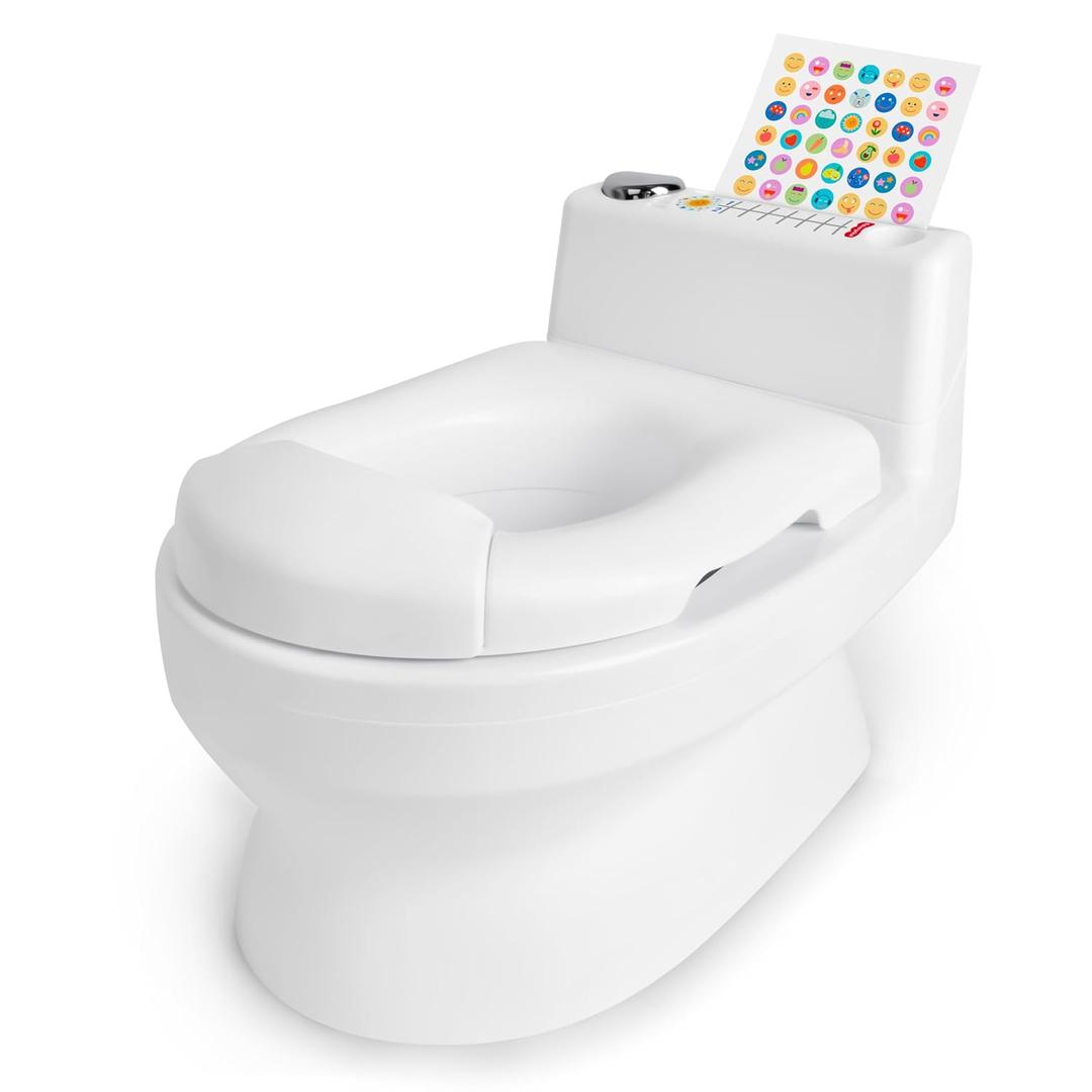 Fisher-Price 2-N-1 Potty Trainer with Flushing Sounds, Chart & Storage White Floor Potty Chair with Splash Guard, Removable Ring & Bowl, Patented Snap Safe Ring Technology