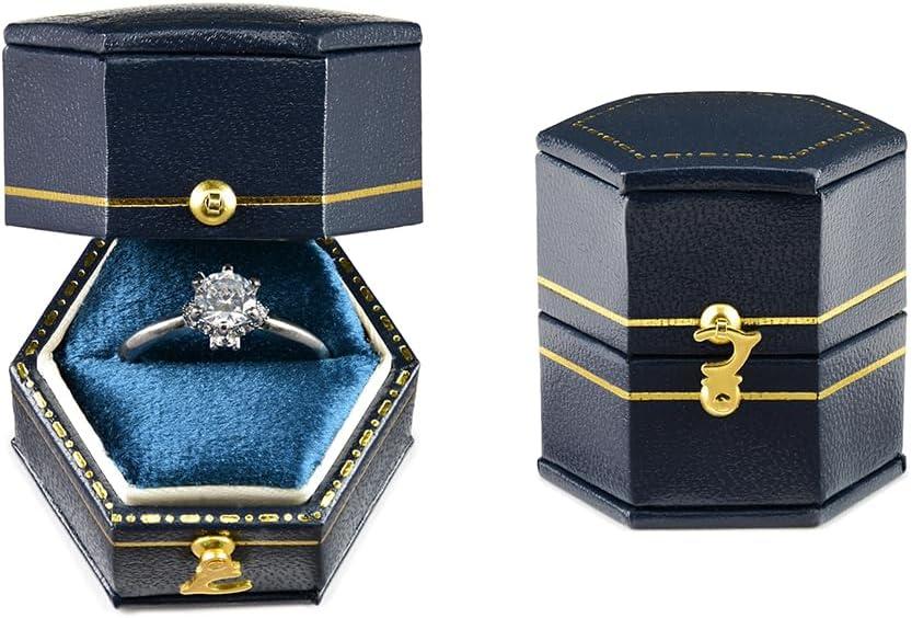 TAIMY Classical Victorian Style Wedding Tiny Ring Box, Handcrafted Gift Ring Box Proposal Pocket Size Small Keepsake Jewelry Box (Blue, Hexagon)