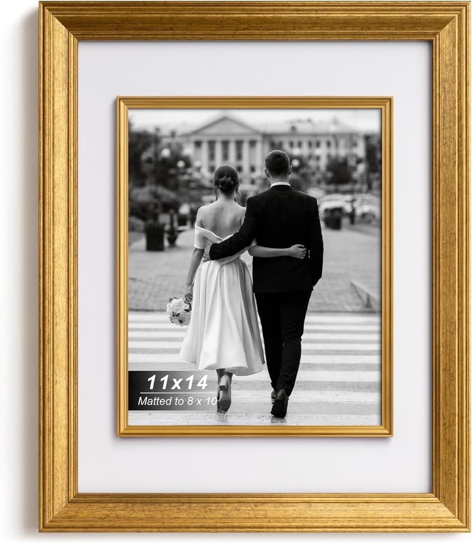 Yaetm 11x14 Gold Picture Frame with Decorative Inner Frame & Tempered Glass, Display 8x10 Photos with Mat on Wall - Portrait or Landscape - Ideal for Office & Home Dcor (Vintage Gold, Single)