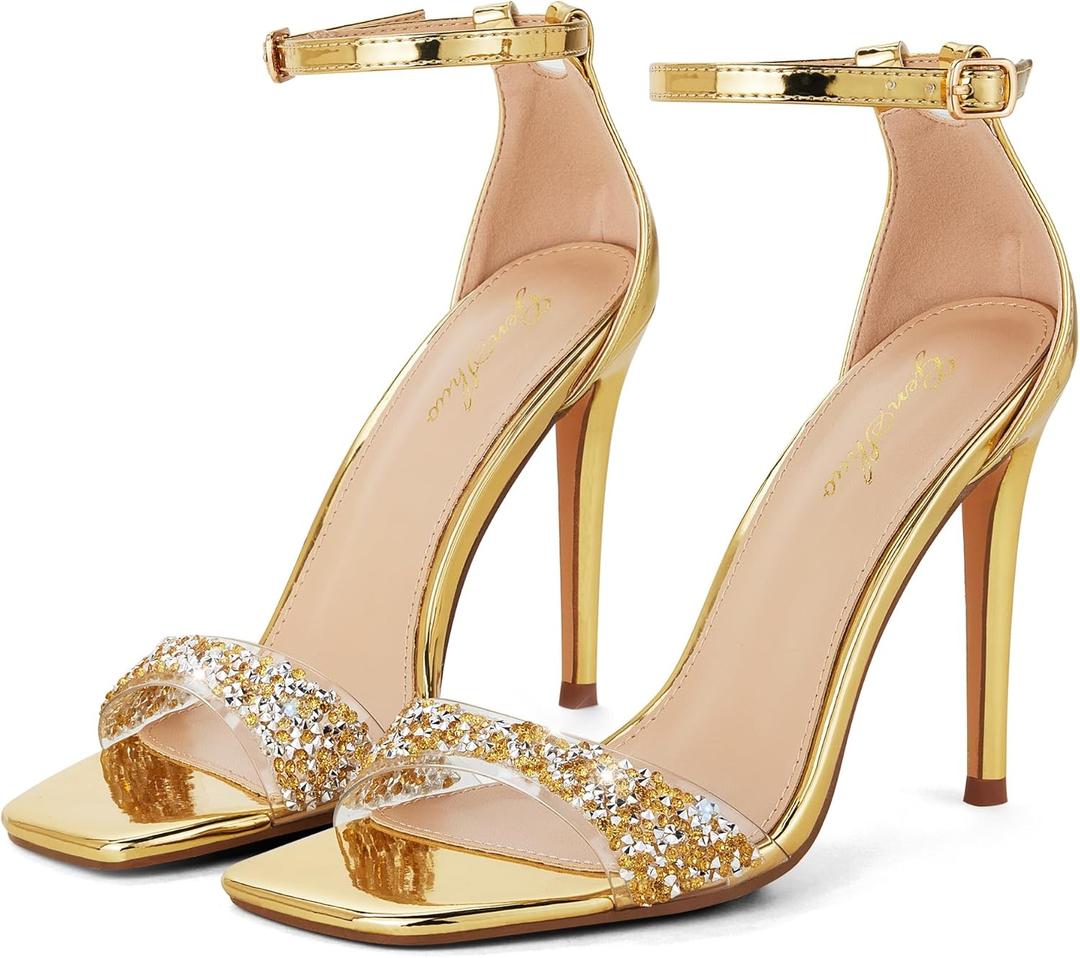 GENSHUO High Heeled Sandals for Women One Strap Heels with Square Open Toe 4 Inch Stiletto Ankle Strap Shoes Elegant Sexy Dress Wedding Party (11, Gold With Sequins)