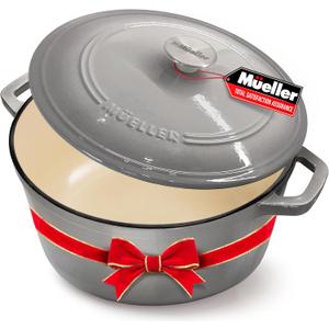 Mueller 6 Quart Enameled Cast Iron Dutch Oven, Heavy-Duty Casserole and Braiser Pan with Lid and Knob, Safe for All Cooktops (Gray)