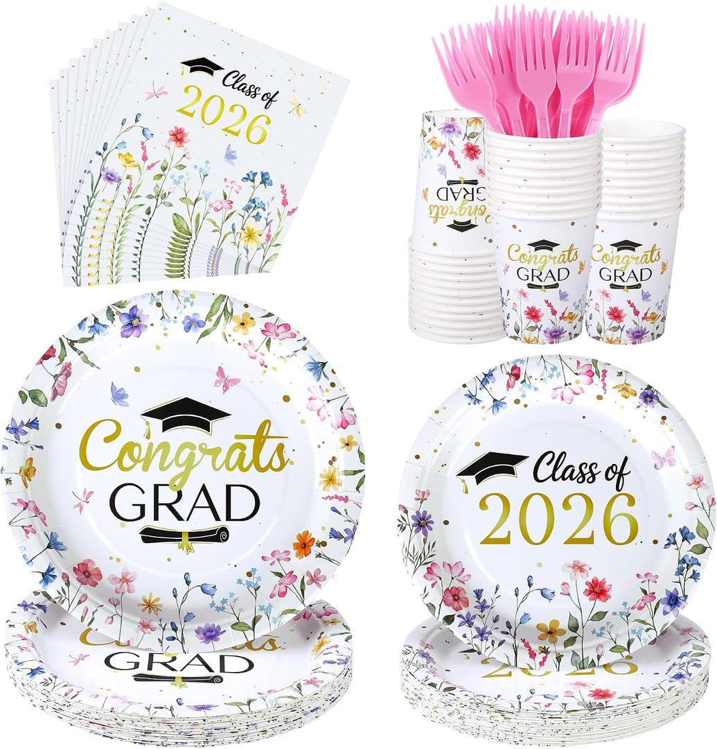 Kochorie 144 Pieces Floral Graduation Party Decorations, Class of 2026 Pink Wildflower Congrats Grad Tableware Sets Including Paper Plates Napkins Cups Forks for Women College High School, Serves 24