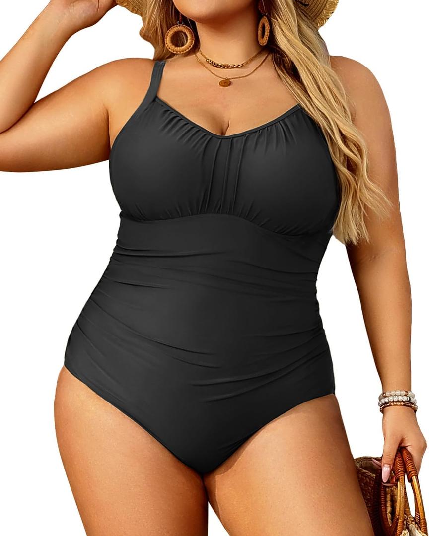 Aqua Eve Plus Size Swimsuit for Women Tummy Control One Piece Bathing Suit Vintage Swimwear (Black) 26W