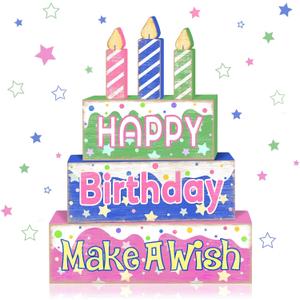 4 Pcs Birthday Wooden Tiered Tray Decor, Cake Shaped Table Sign with Candles Colorful Kids Birthday Party Decoration, Farmhouse Centerpiece for Home or Table Make a Wish Gift
