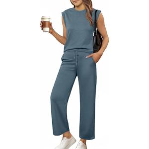 Glamaker Women's 2 Piece Sets Summer Lounge Travel Outfits Sleeveless Wide Leg Airport Casual Trendy Sweatsuits (Large, Blue Grey)