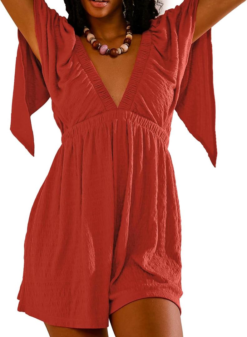 Womens Summer Short Sleeve Romper V Neck Jumpsuits with Cinched Waistline Casual Outfits with Side Pockets (XL, Red)