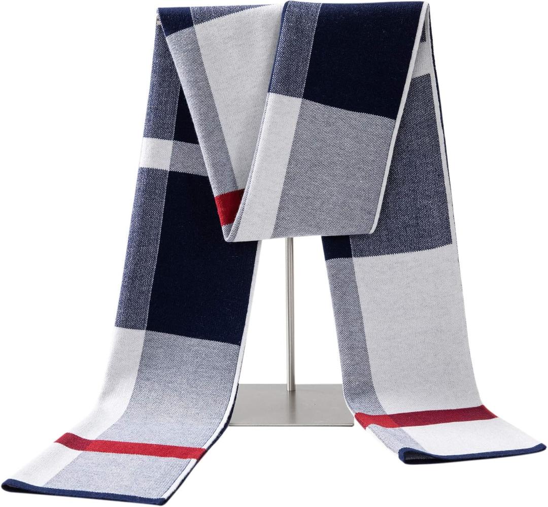 Lallier Men's Merino Wool Scarf, Long Winter Neckwear with Gift Box (Navy Tartan)