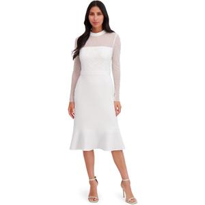 London Times Women's Midi Dress - Sheer Mesh Long Sleeves Sequin Embellished Yoke - Fitted Skirt with Flounce Hem - Elegant Cocktail Dresses (White), 10P
