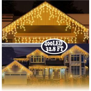 BLOFUN LED Lamps Outdoor Icicle Lights, 32.8 ft 400 LED - 8 Modes Curtain String Lights for Indoor/Outdoor, Wedding, Party, Holiday