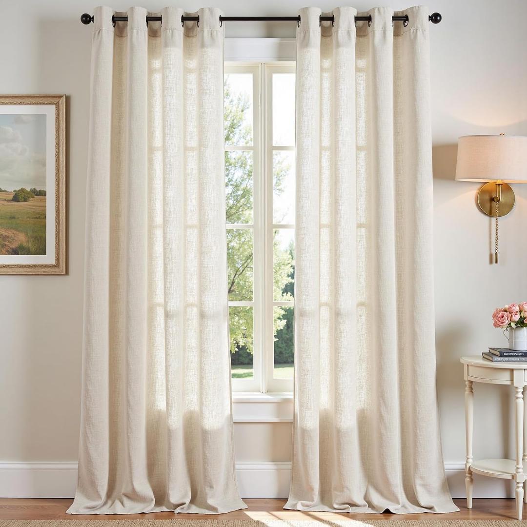 JINCHAN Linen Curtains for Living Room Beige Grommet Top Window Treatment Set for Bedroom 2 Panels 96 inches Long Crude (Semi-sheer Natural)