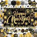 Happy New Year Backdrop with Shiny Firework Background Circle Paper Banner Pom poms Foil Balloons & Swirls for New Year Photo Booth Background Party Decorations (Black Gold 01)