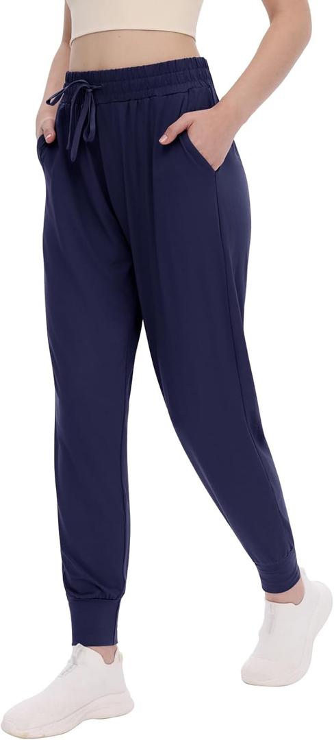 TNNZEET Women's Joggers with Pockets - High Waisted Sweatpants Tapered Leg Drawstring Lightweight Athletic Pants (Large, Navy Blue)