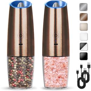 Rechargeable Electric Salt And Pepper Grinder Set, Automatic Gravity Electric Salt And Pepper Grinder Set, Adjustable Roughness, Led Light, 2 Pack, (Copper)