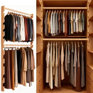 Closet Rods Wooden for Hanging Clothes, Clothes Hanging Rod with Adjustable Brackets 2 Rod,Heavy Duty 100 lbs Closet Wardrobes Laundry for RV Bathroom (47IN/120CM)