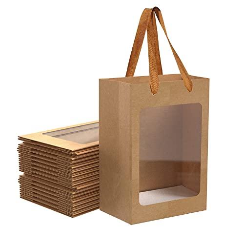 BallHull 9 Pcs Brown Paper Gift Bags with Transparent Window, 9.84"x7.0"x5.12" Kraft Shopping Bags with Handles for Bouquet Christmas Birthdays Festivals Party Weddings Wrapping