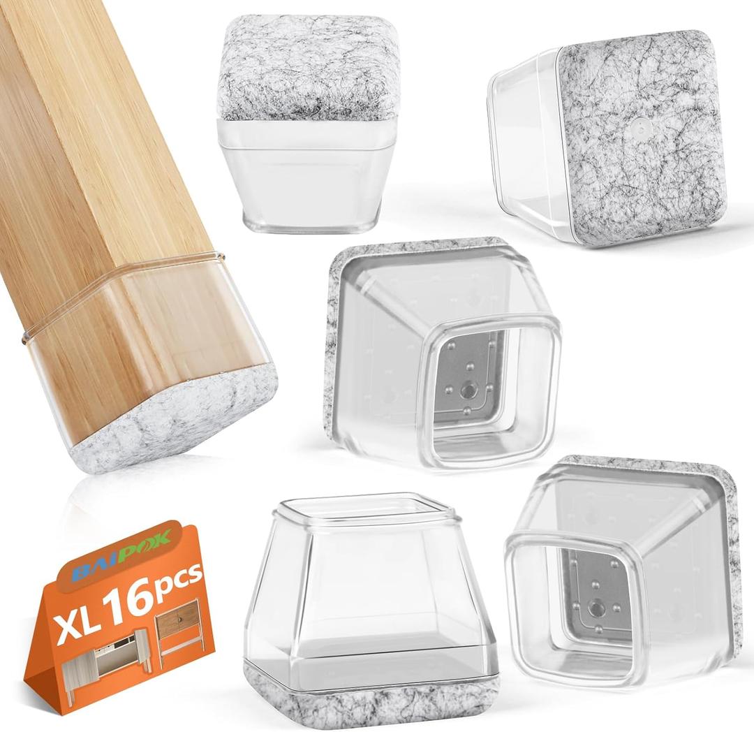 16Pcs Square Chair Leg Floor Protectors with Thickened Felt Pads Silicone Chair Leg Covers Caps to Protect Hardwood Tile Floors Furniture Feet Reduce Noise (Clear XL Fit 1.46"-1.77")