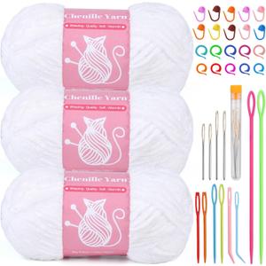 LUNARM Chenille Velvet Yarn for Crocheting Knitting, 3 Pack of 100g/3.5oz Velvet Yarn for Crocheting & Knitting, 486 Yard Soft Yarn for Making Creations & Crochet & More (White)