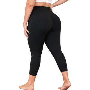 Plus Size Capri Leggings for Women with Pockets, Black Yoga Pants Tummy Control, Butt Lifting Workout Clothes Stretch Gym Capris High Waist 2X