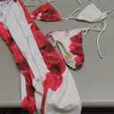 Verdusa Women's 3 Piece Floral Print Bikini Sets Swimsuit with Mesh Maxi Skirt (White and Red, Small)