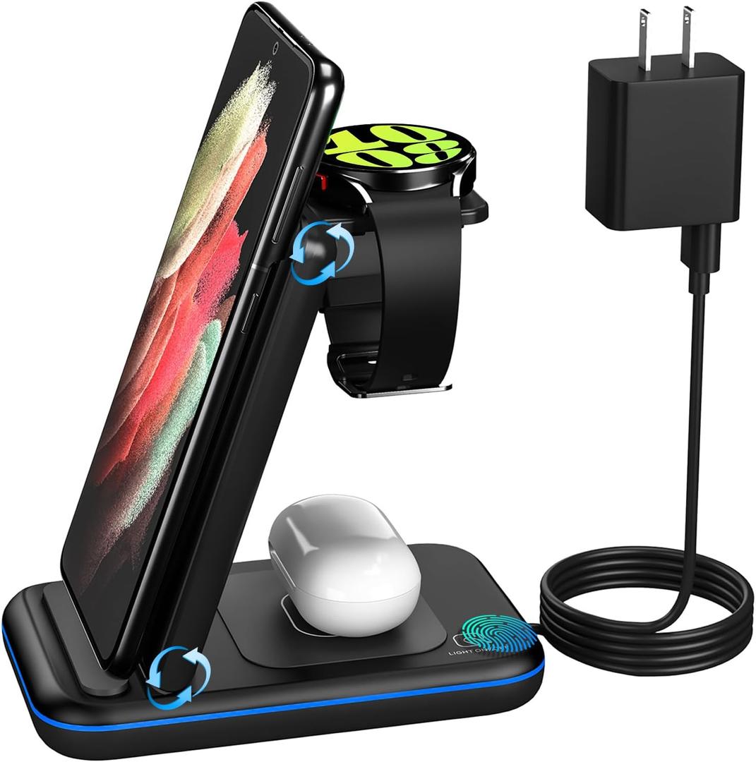 Wireless Charger for Samsung/Android, HOLYJOY Foldable 3 in 1 Fast Charging Station/Stand/Multi Charger for Samsung S25 Ultra/S24/Note 20, Travel Pad for Galaxy Watch 8/7/6/5/Active 2, For Buds(Black) Wireless Charger for Samsung/Android, HOLYJOY Foldable 3 in 1 Fast Charging Station/Stand/Multi Charger for Samsung S25 Ultra/S24/Note 20, Travel Pad for Galaxy Watch 8/7/6/5/Active 2, For Buds(Black)